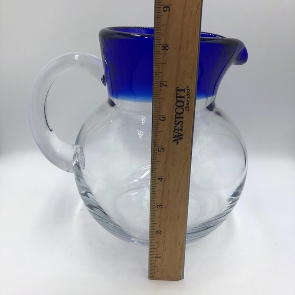 Cobalt Blue Rim Handblown Glass Pitcher Heavy Beverage Drinkware Serveware - Picture 9 of 9